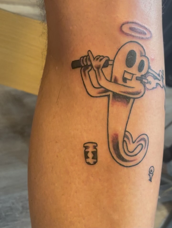 Whimsical cartoon ghost with halo, bold linework