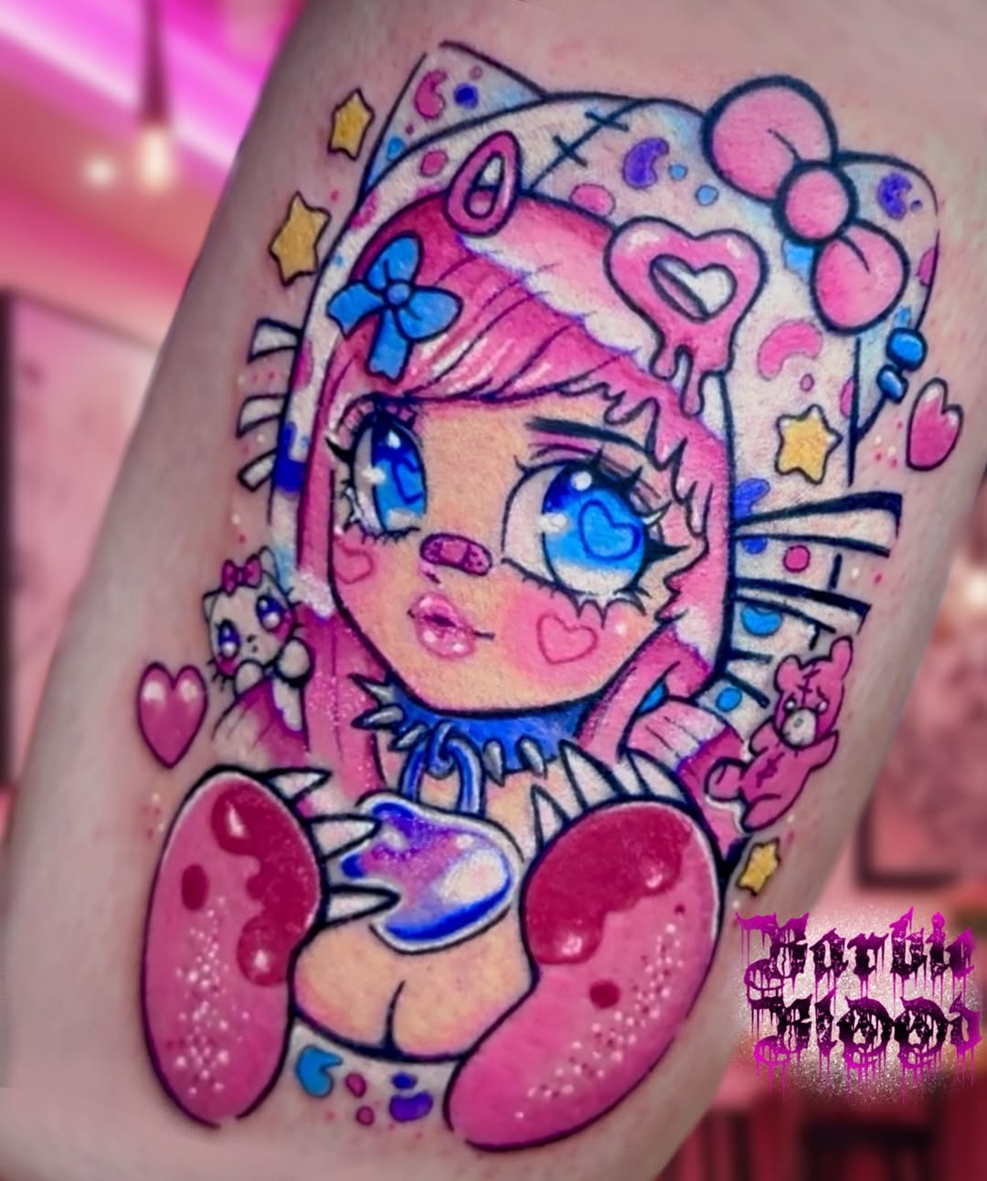 Vibrant kawaii girl portrait with pink hair and blue eyes