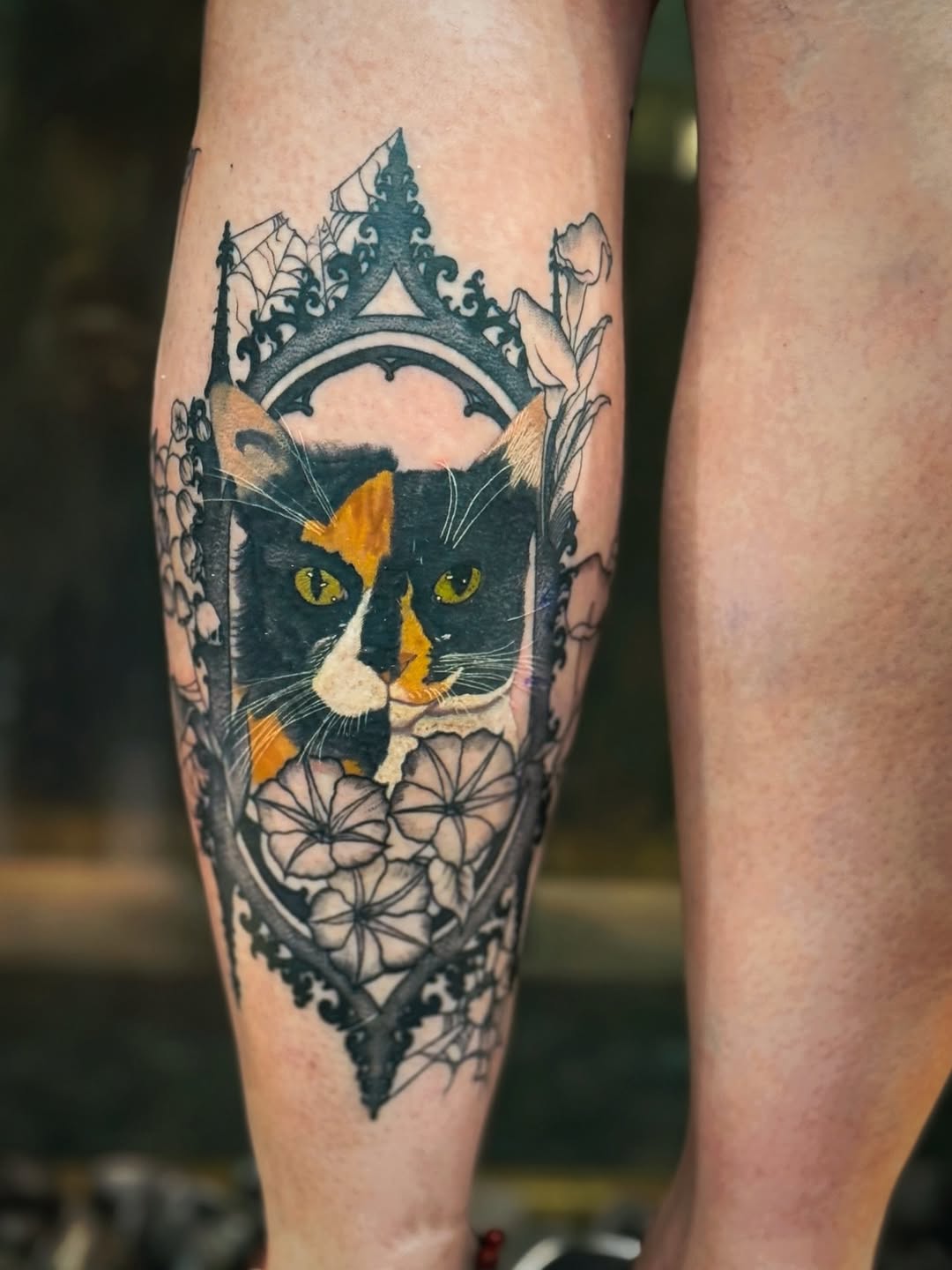 Calico cat portrait within an ornate gothic frame.