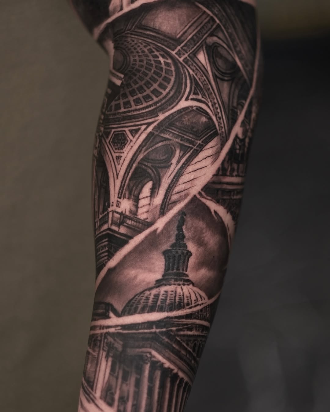 Intricate black-and-gray architectural sleeve with domed capitals