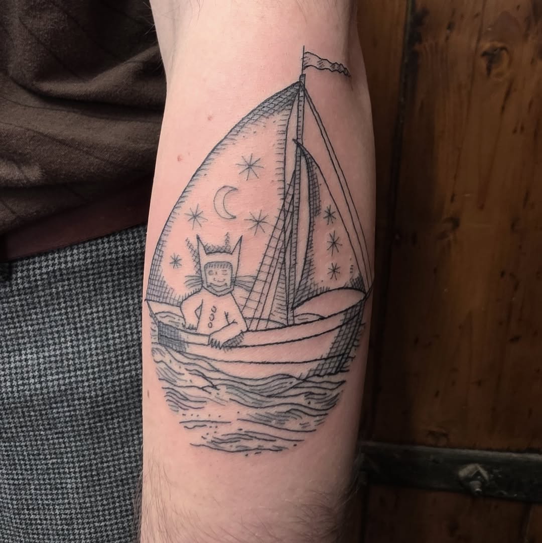 Whimsical line-work sailboat with moon, stars, and cute beast