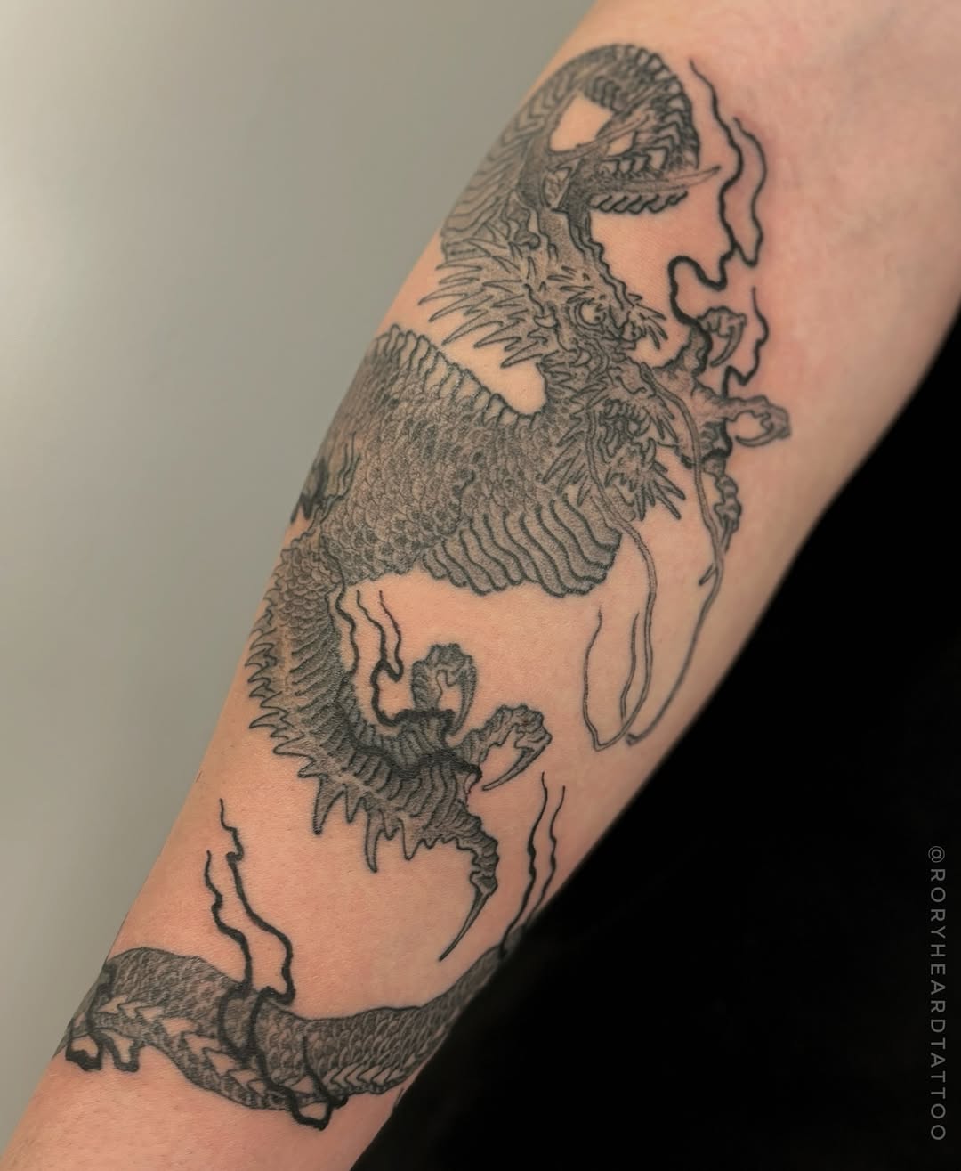 Sinuous black dragon with detailed scales and flowing curves
