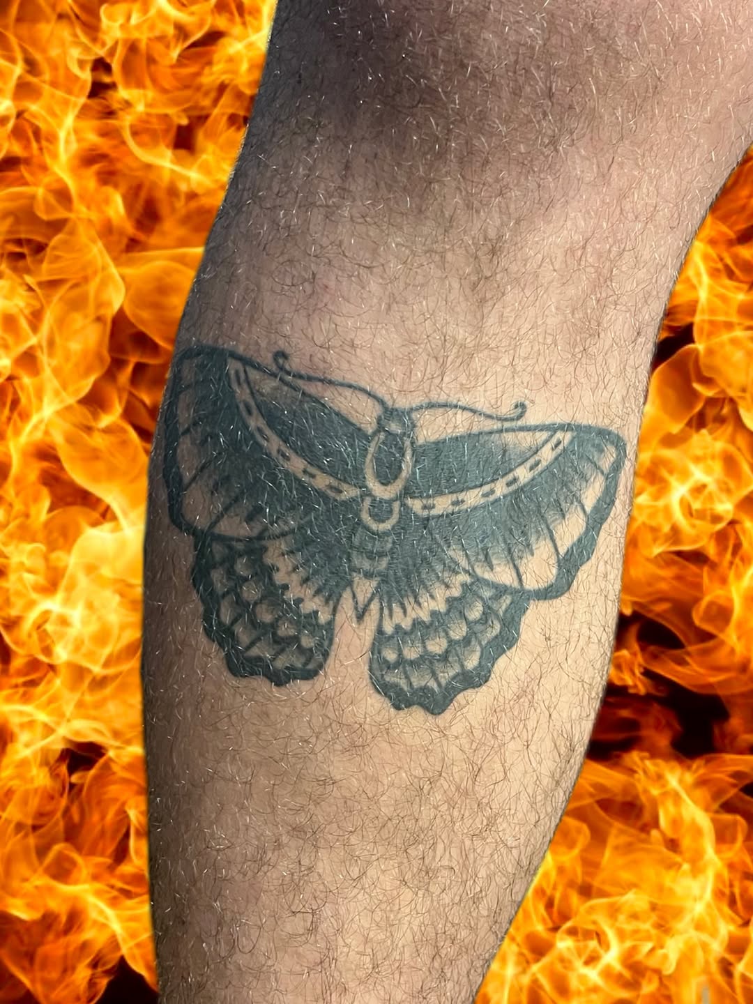 Bold black moth-wing tattoo with lace-like shading