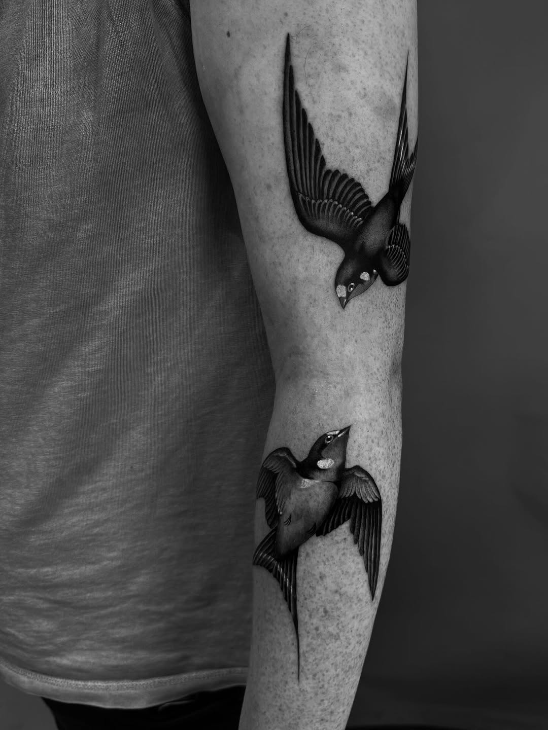 Twin black swallow tattoos with bold grayscale shading.