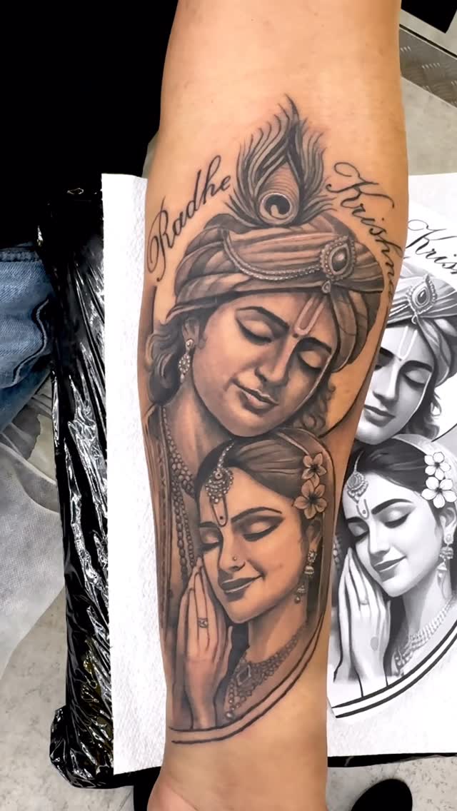 Grayscale Radha-Krishna-inspired portrait with serene, detailed shading