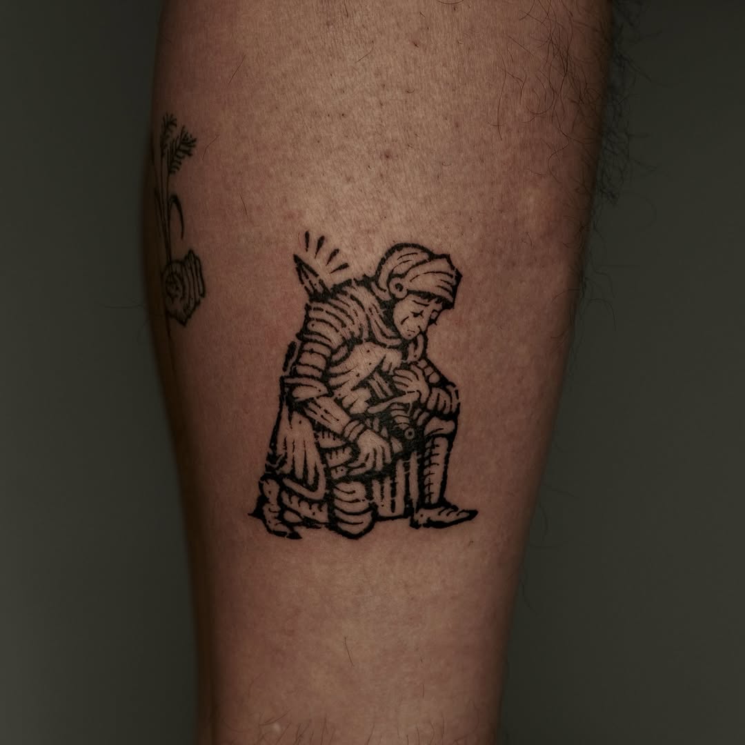 Stoic knight kneels in armored suit, bold linework