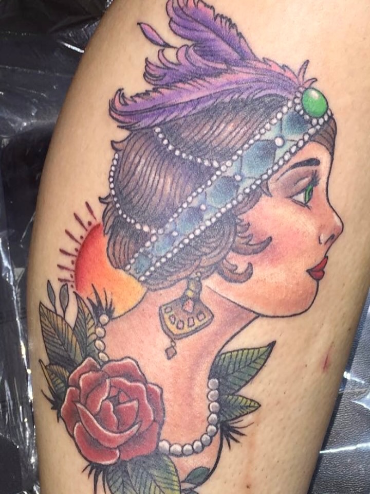 Vibrant neo-traditional portrait with pearls and rose