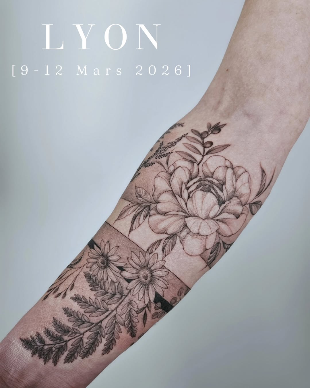 Delicate blackline floral forearm tattoo with lush petals