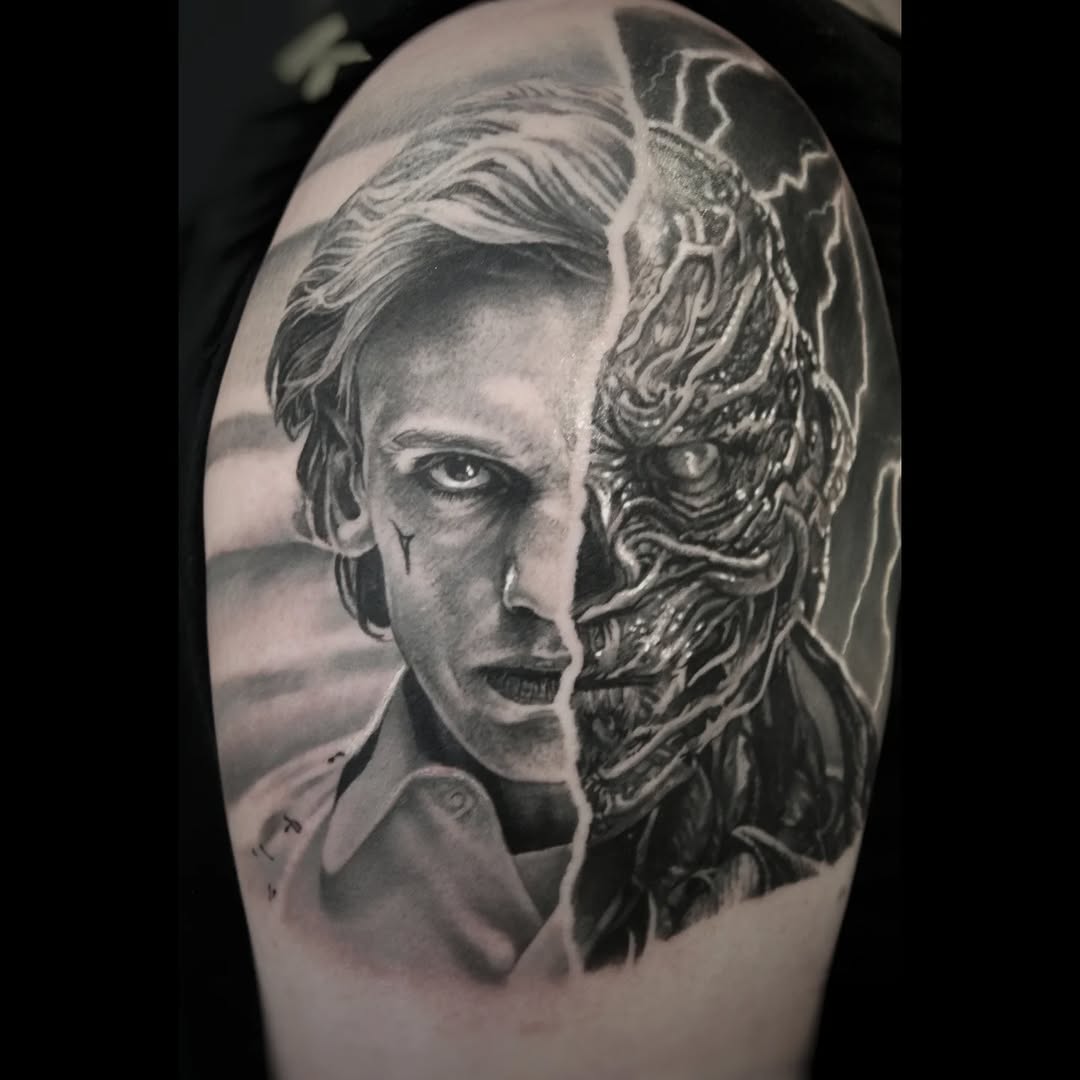 Hyper-detailed split-face portrait merging human and Vecna