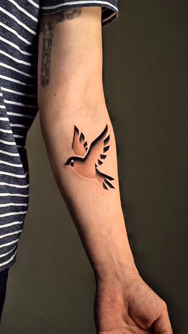 Bold negative-space sparrow with geometric cut-out wings