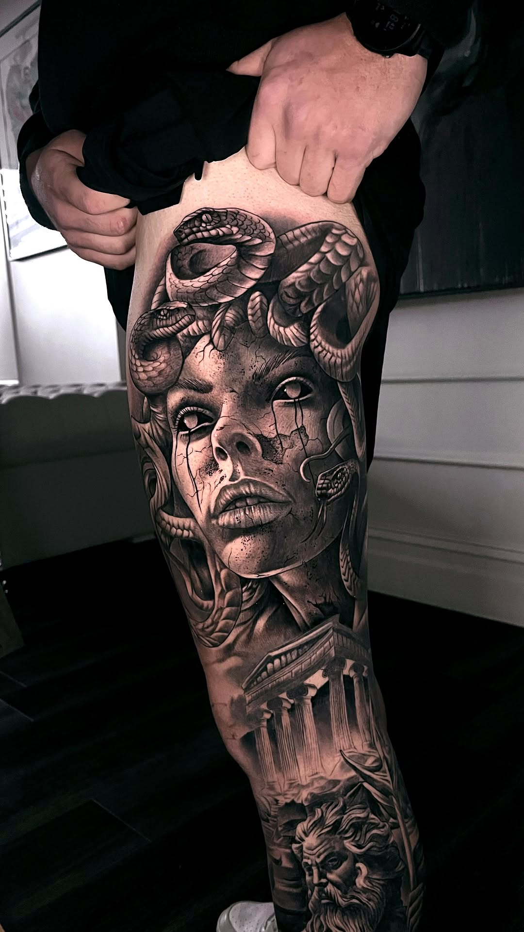 Hyper-detailed Medusa portrait with coiling snakes, classical ruin