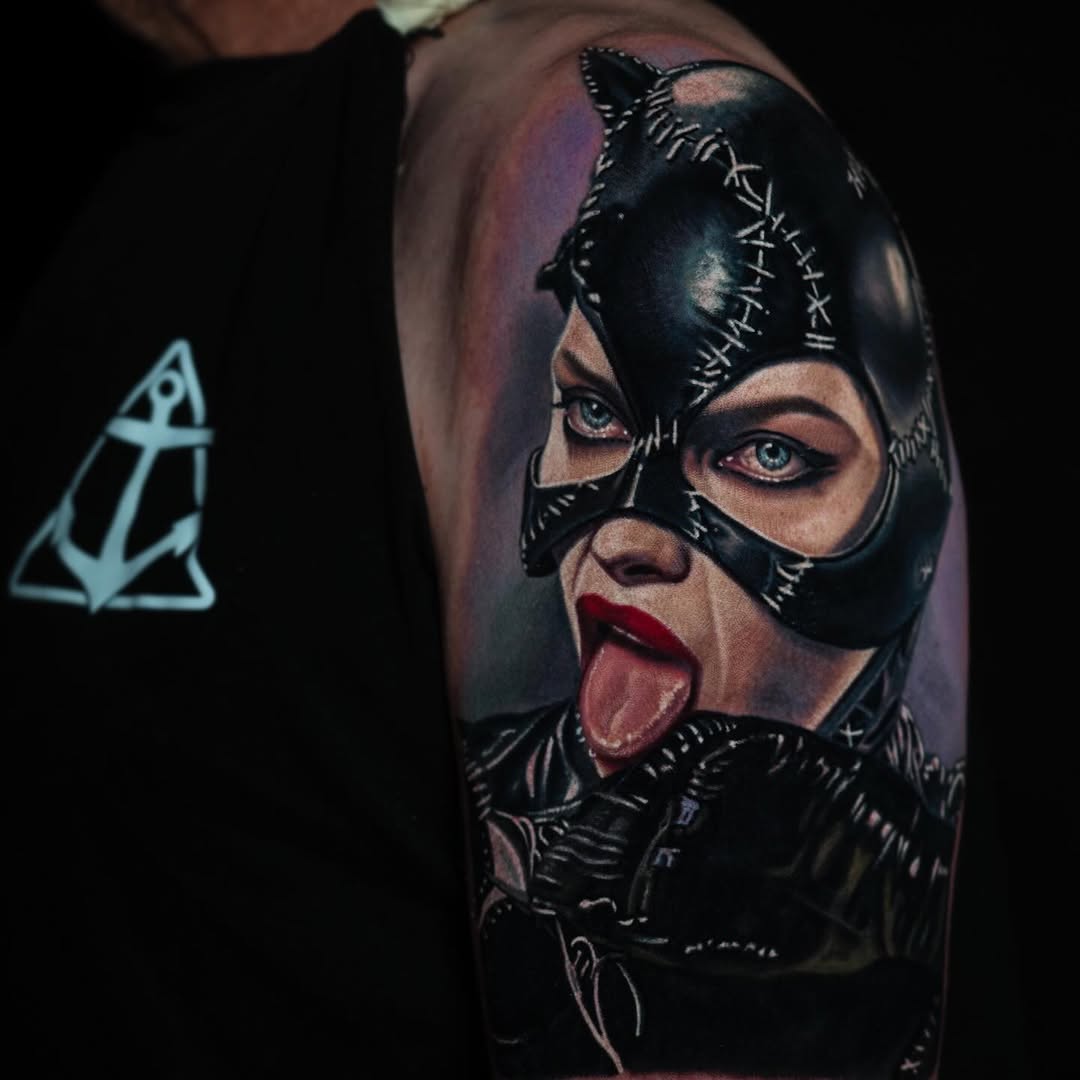 Photoreal Catwoman portrait with stitched leather mask