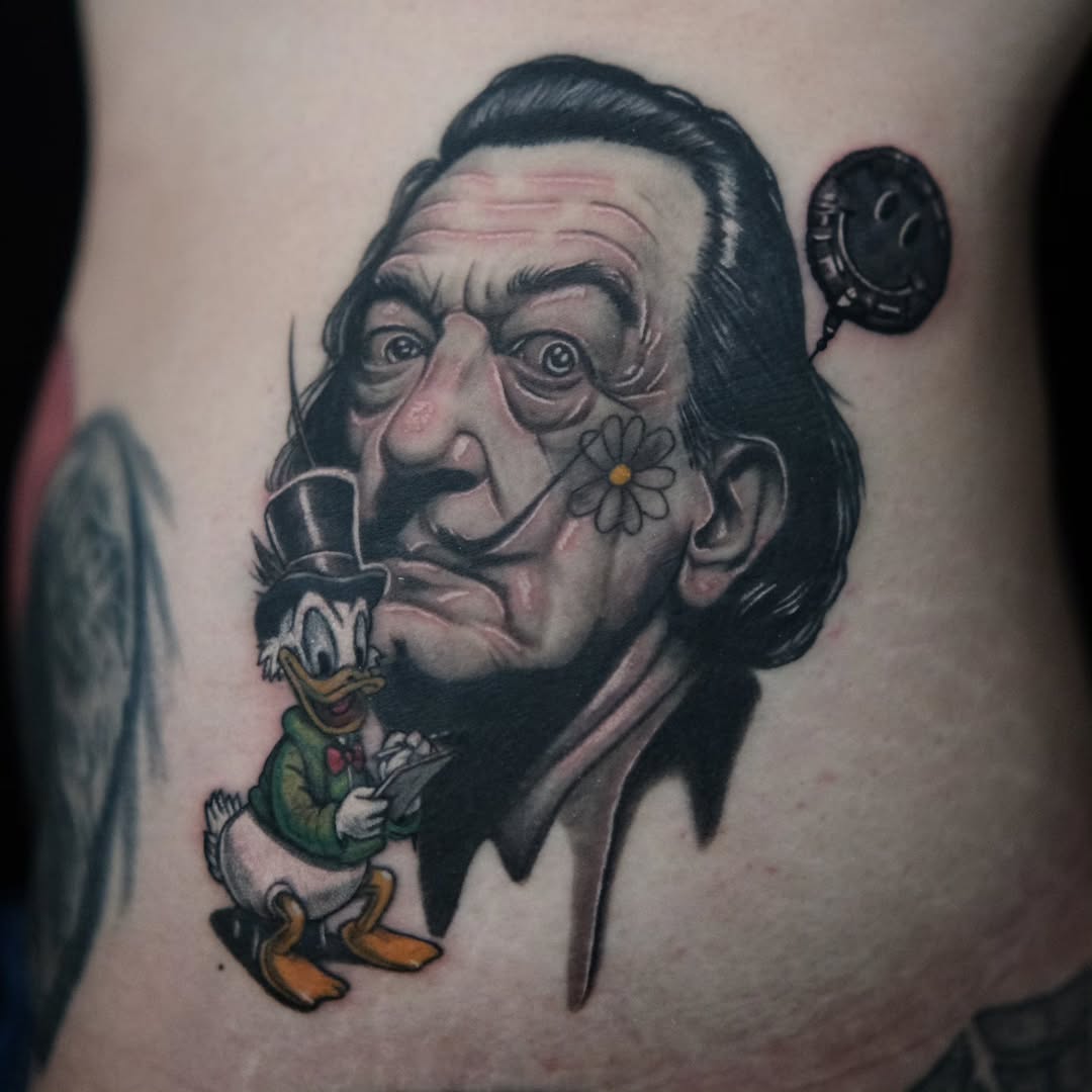 Monumental surrealist portrait with cartoon Duck cameo