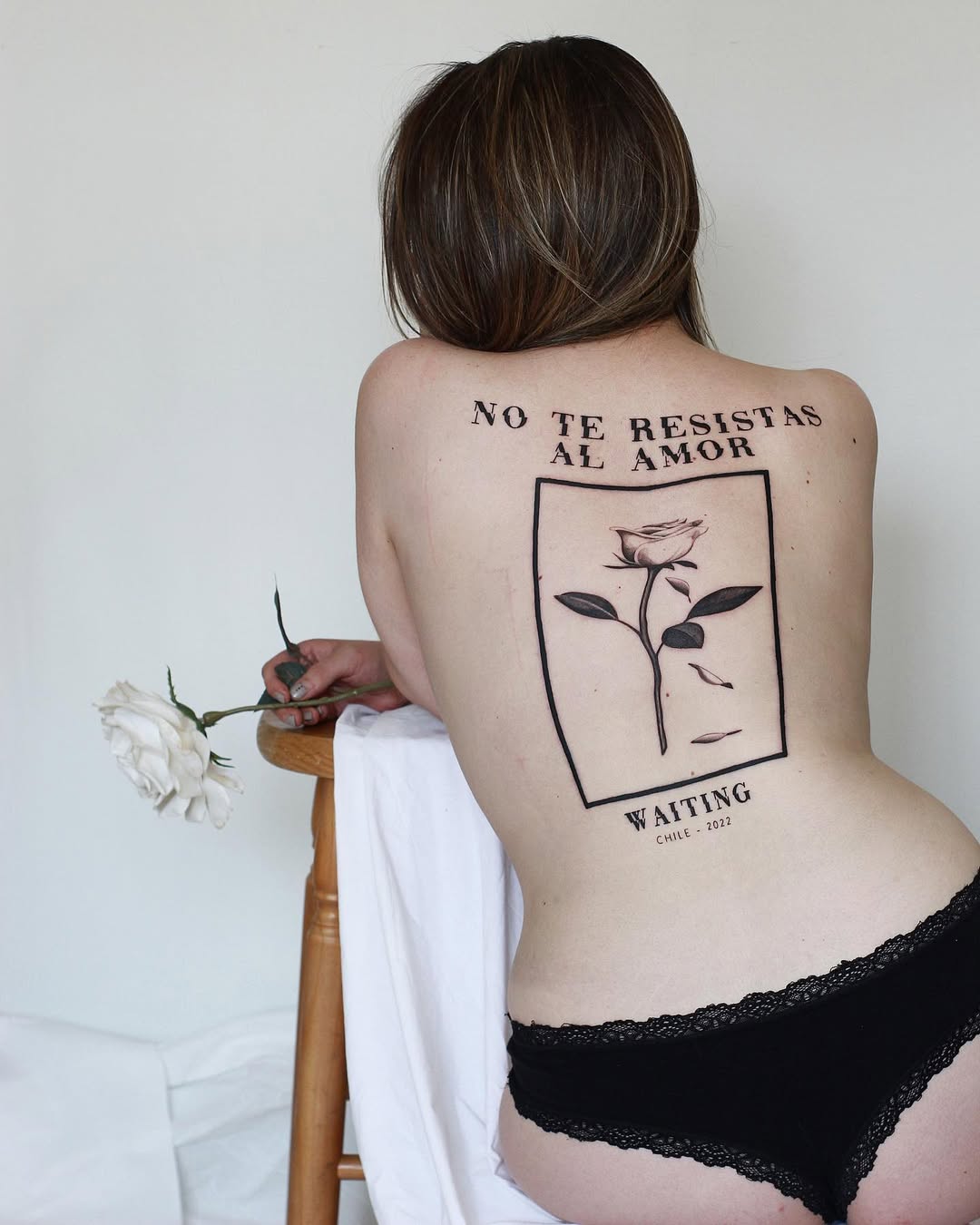 Back tattoo: framed rose with bold NO TE RESISTAS AL AMOR.