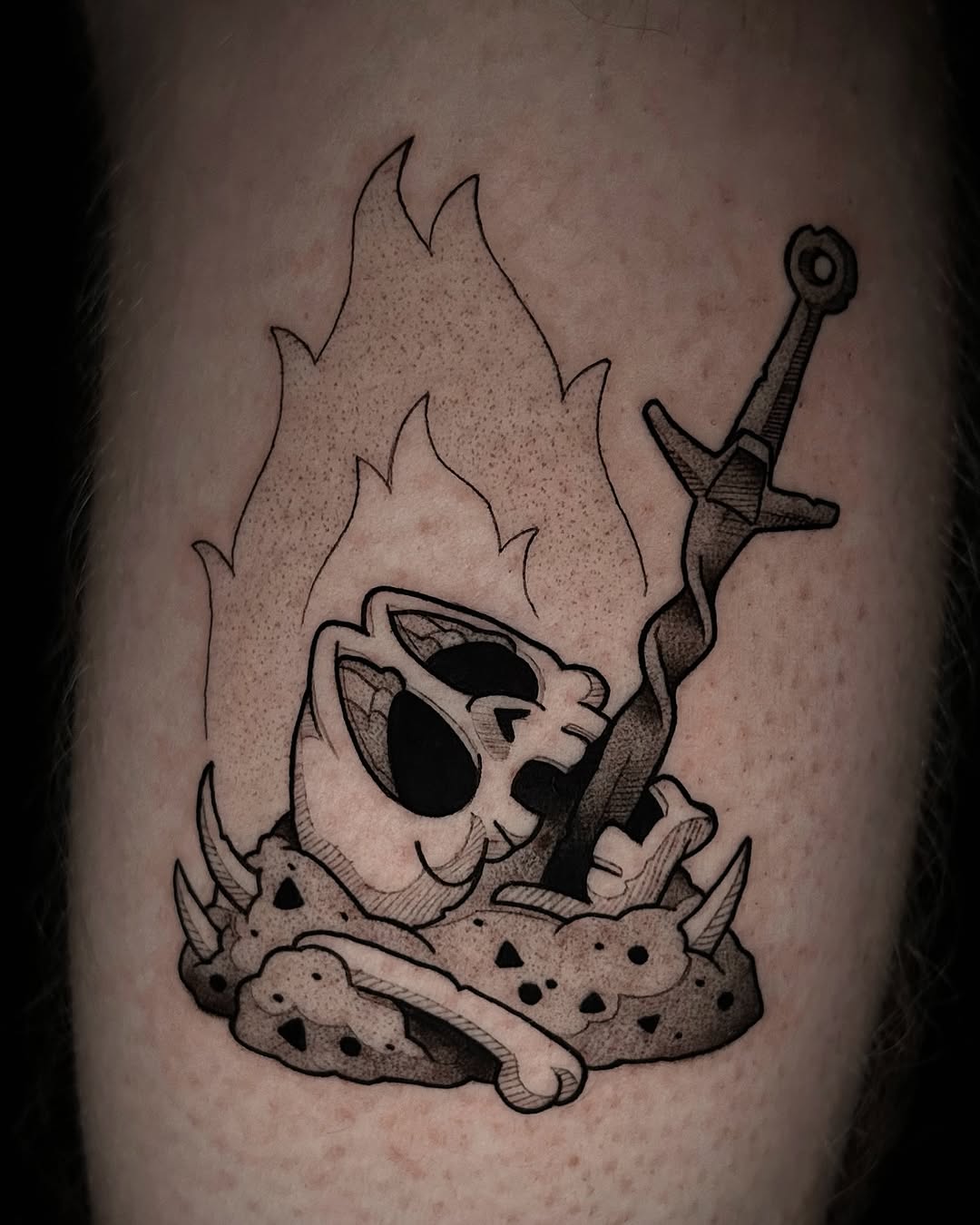 Rubberhose bonfire skull with dagger-torch, bold linework