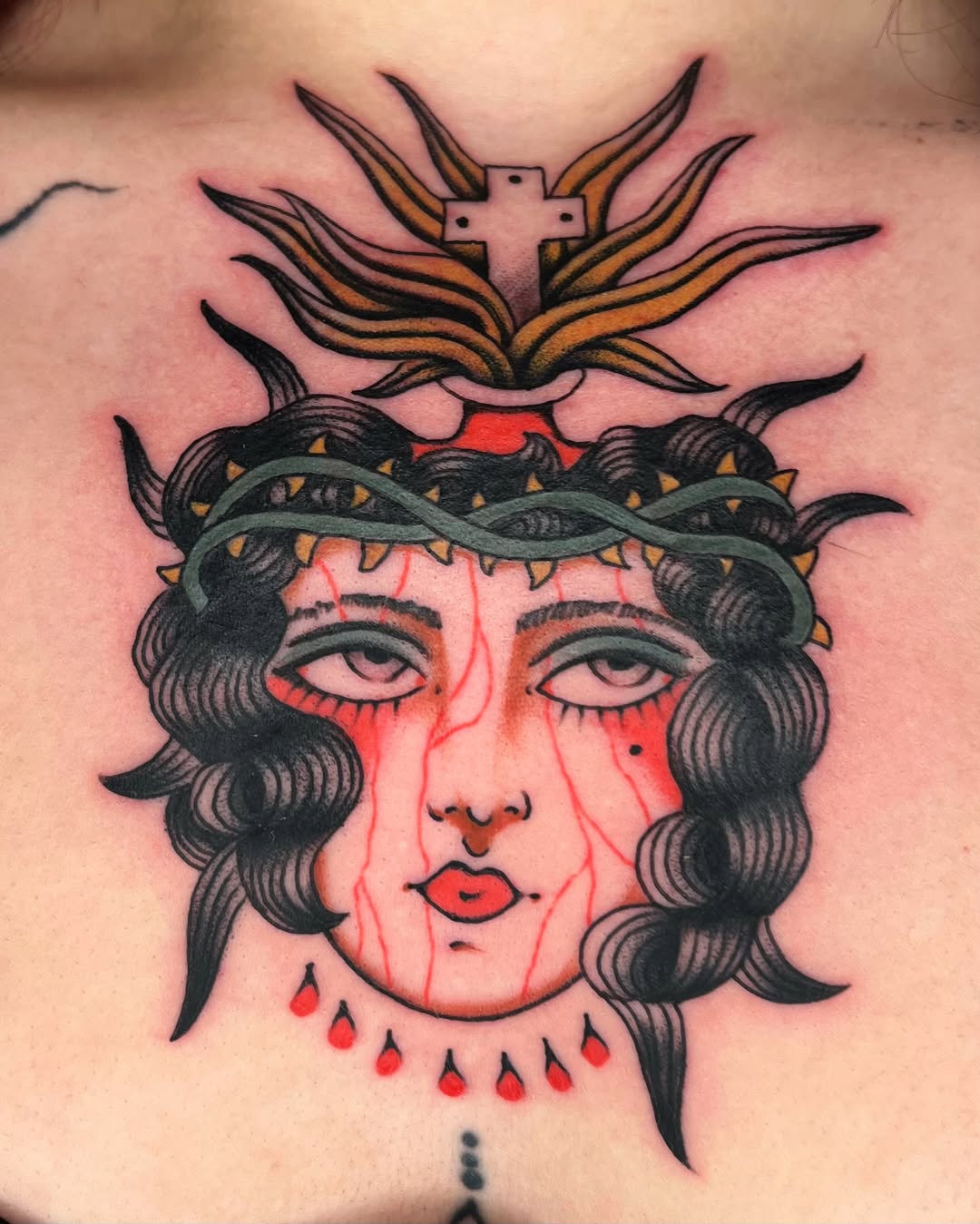 Sorrowful female portrait with bold lines, crown, and tears