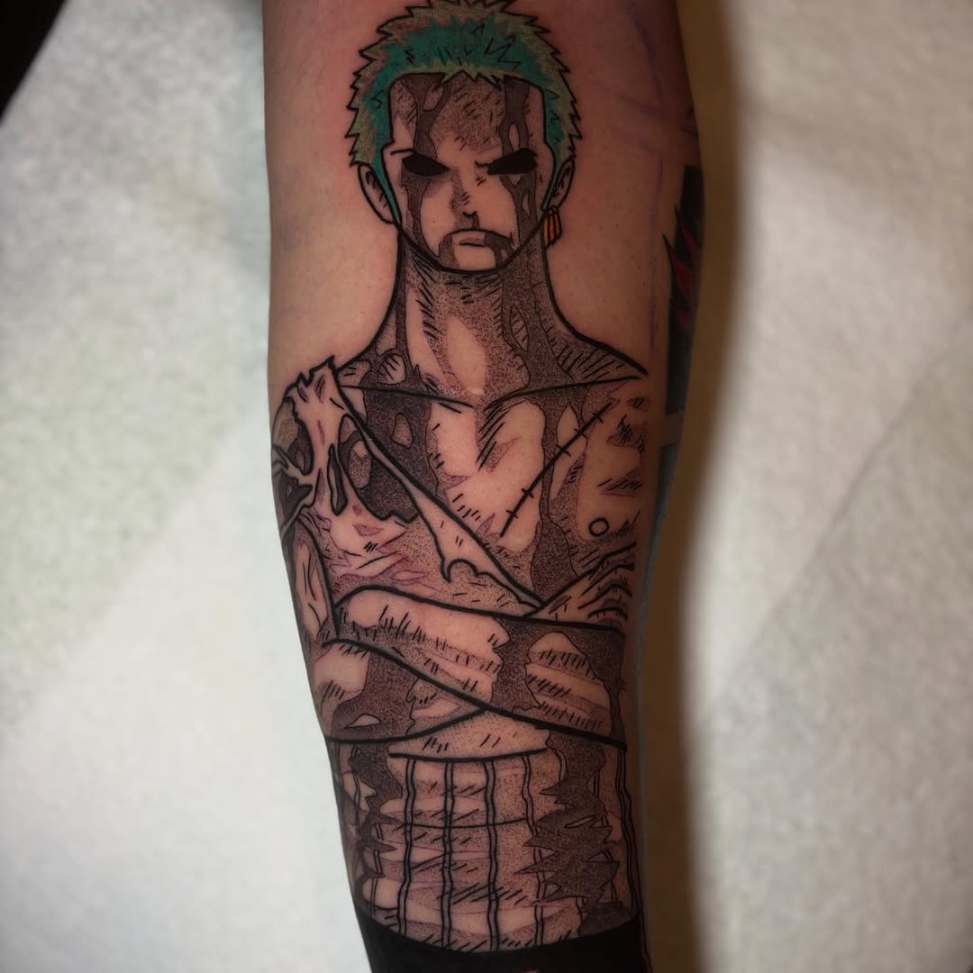 Bold anime-portrait of Zoro with green hair, strong lines