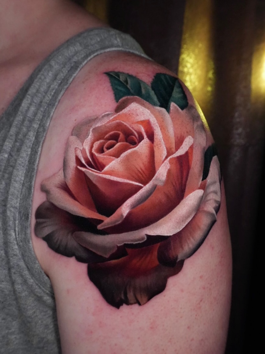 Hyper-realistic peach rose with velvety shading and glow