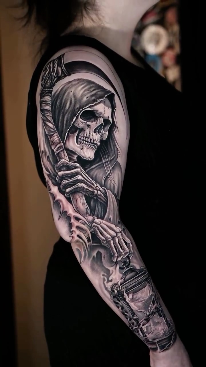 Monochrome grim reaper skeleton with scythe, hauntingly detailed