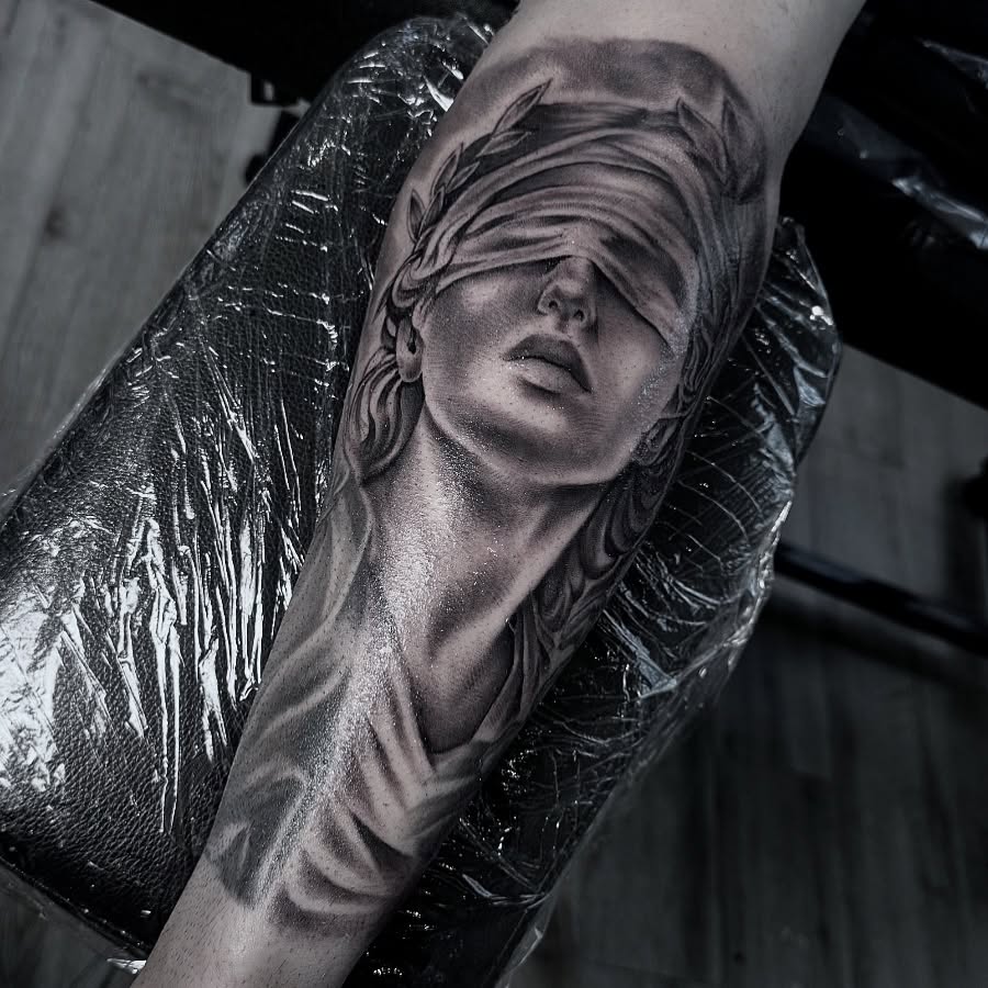 Hyper-realistic black-and-gray portrait of a blindfolded goddess