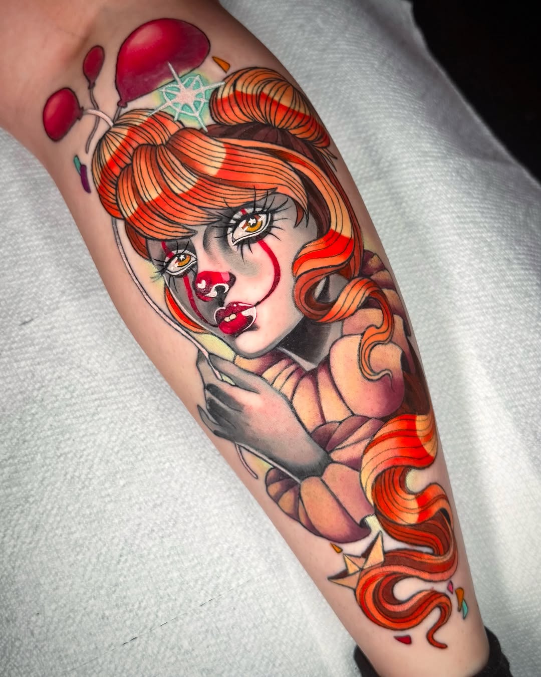 Vibrant Pennywise clown portrait with bold lines and color