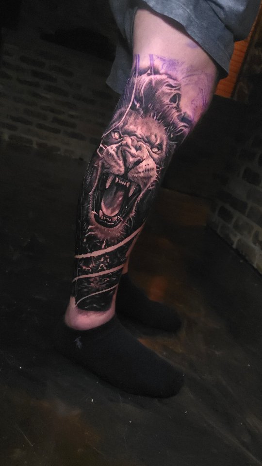Powerful black-and-gray lion head on lower leg