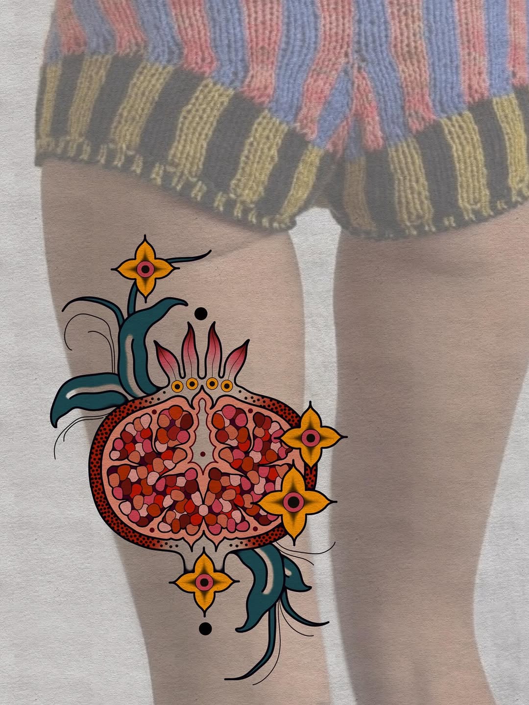 Bold ornamental pomegranate with teal leaves and yellow blooms