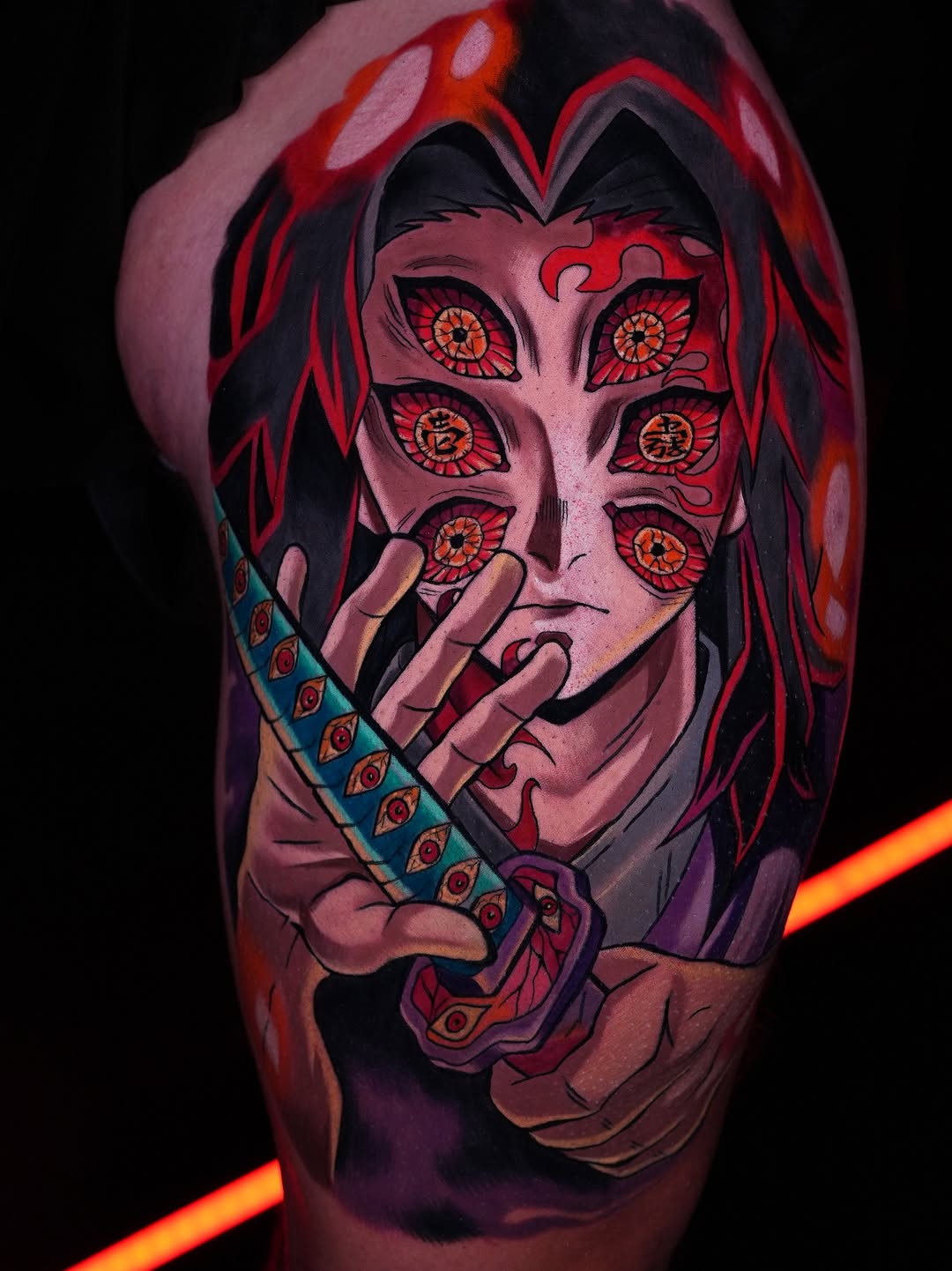 Vibrant anime-inspired demon-slayer portrait with multiple eyes