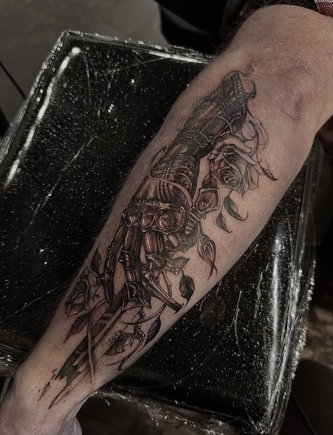 Intricate biomechanical scorpion tattoo with gears and vines.