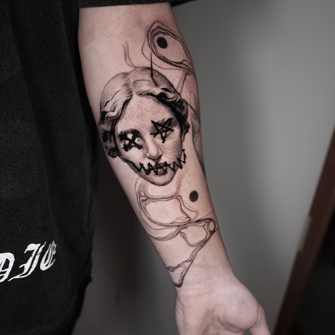 Surreal skull-face portrait with stitched grin and bold shading