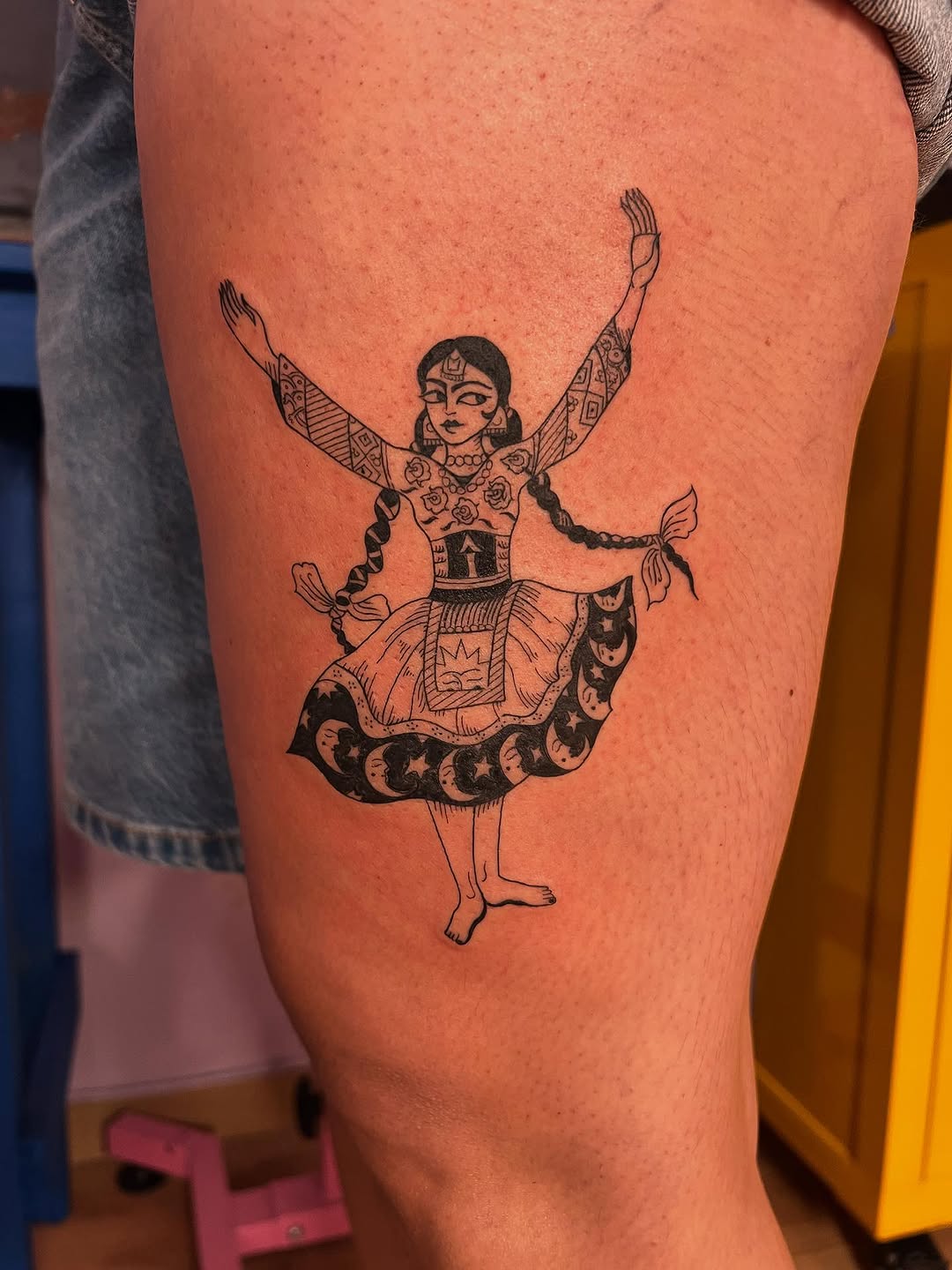 Whimsical folkloric girl in a dancing dress, linework.