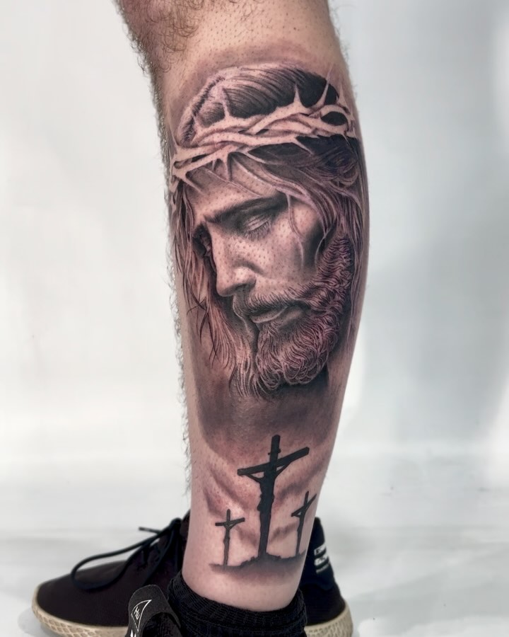 Photorealistic Jesus portrait with crown of thorns and crosses