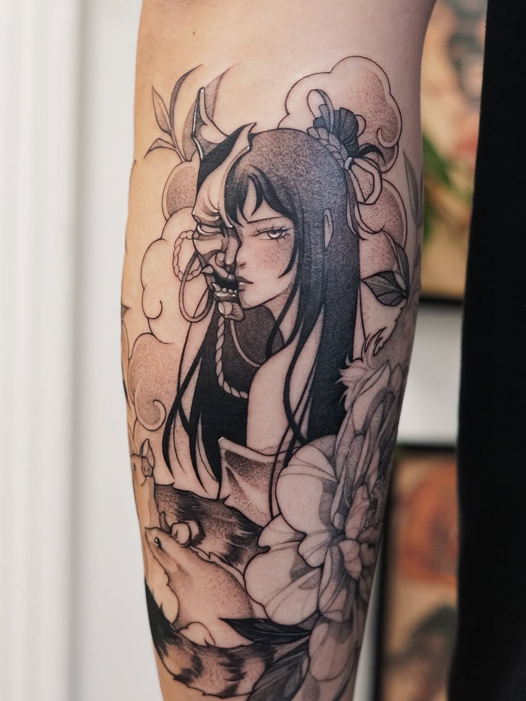 Moody female portrait with bold linework and floral backdrop