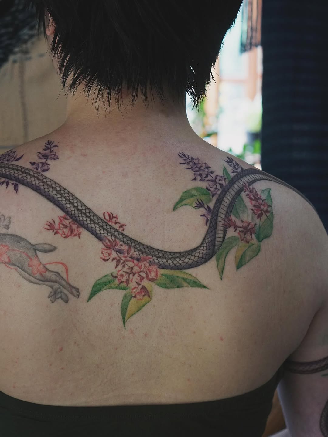 Graceful desert rosy boa snake weaving over floral shoulders