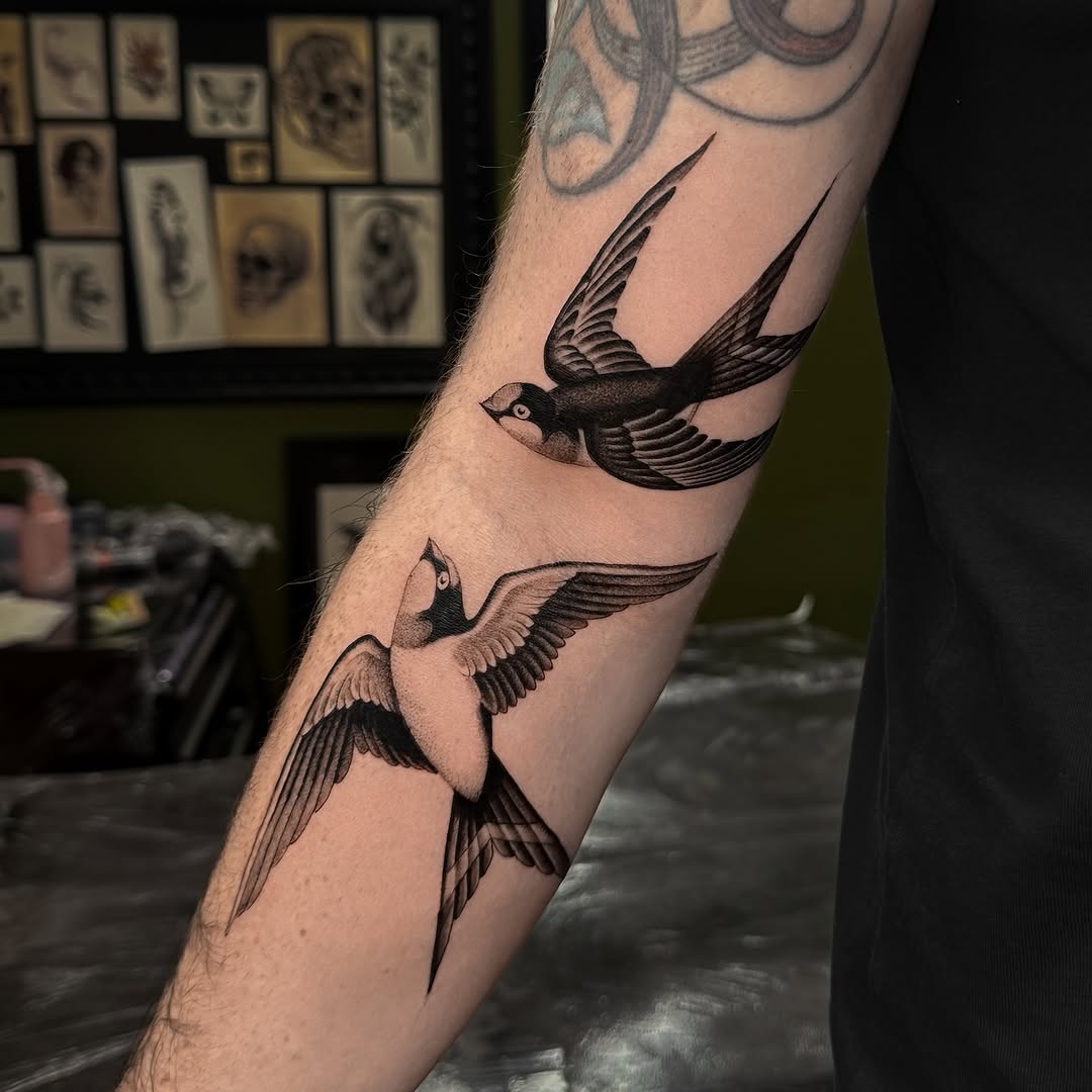 Bold swallow pair in clean blackline traditional style