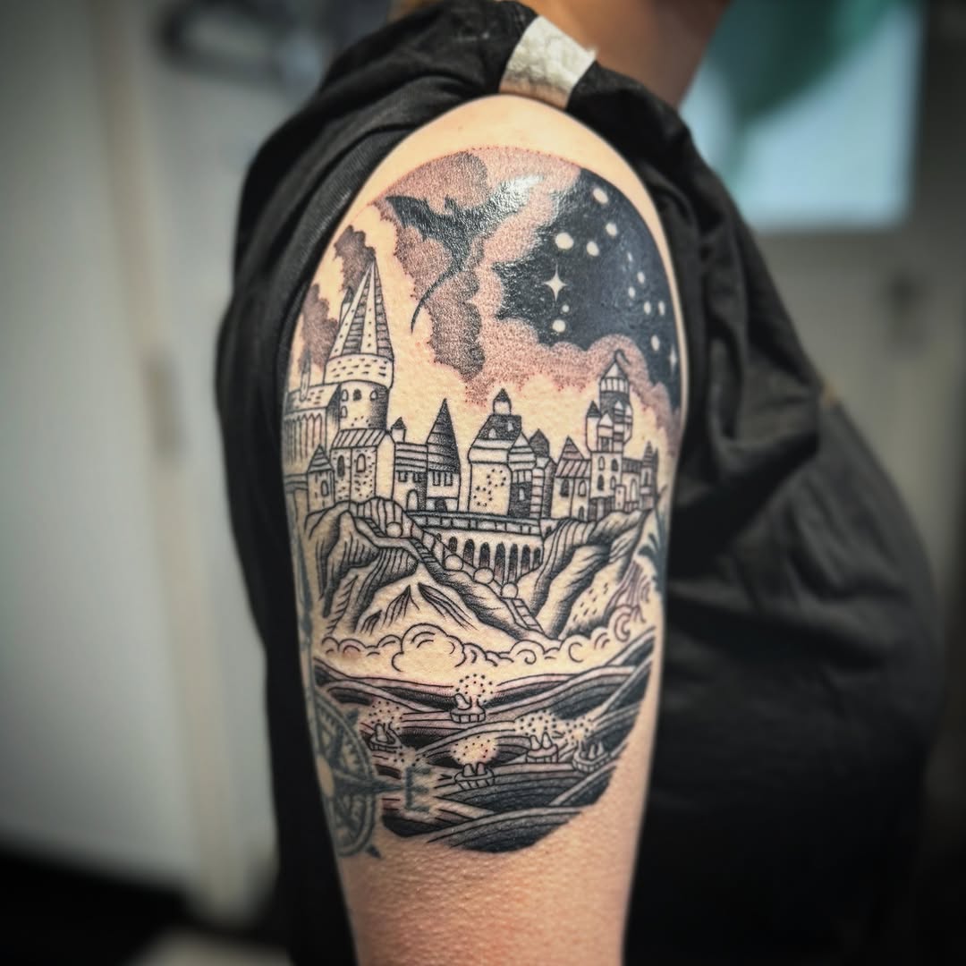 Intricate blackline cityscape with castle towers and waves