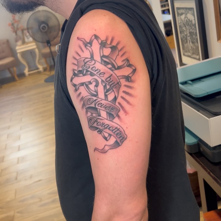 Memorial ribbon-wrapped heart with script, bold shading