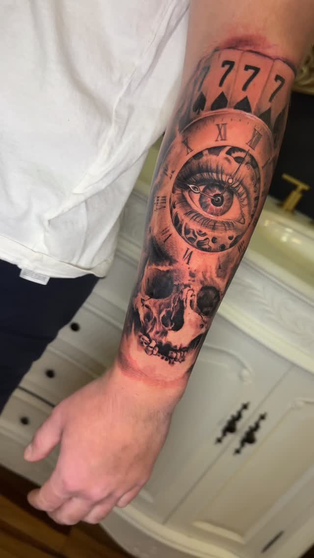 Gothic black-and-gray realism: skull entwined with clock and eye