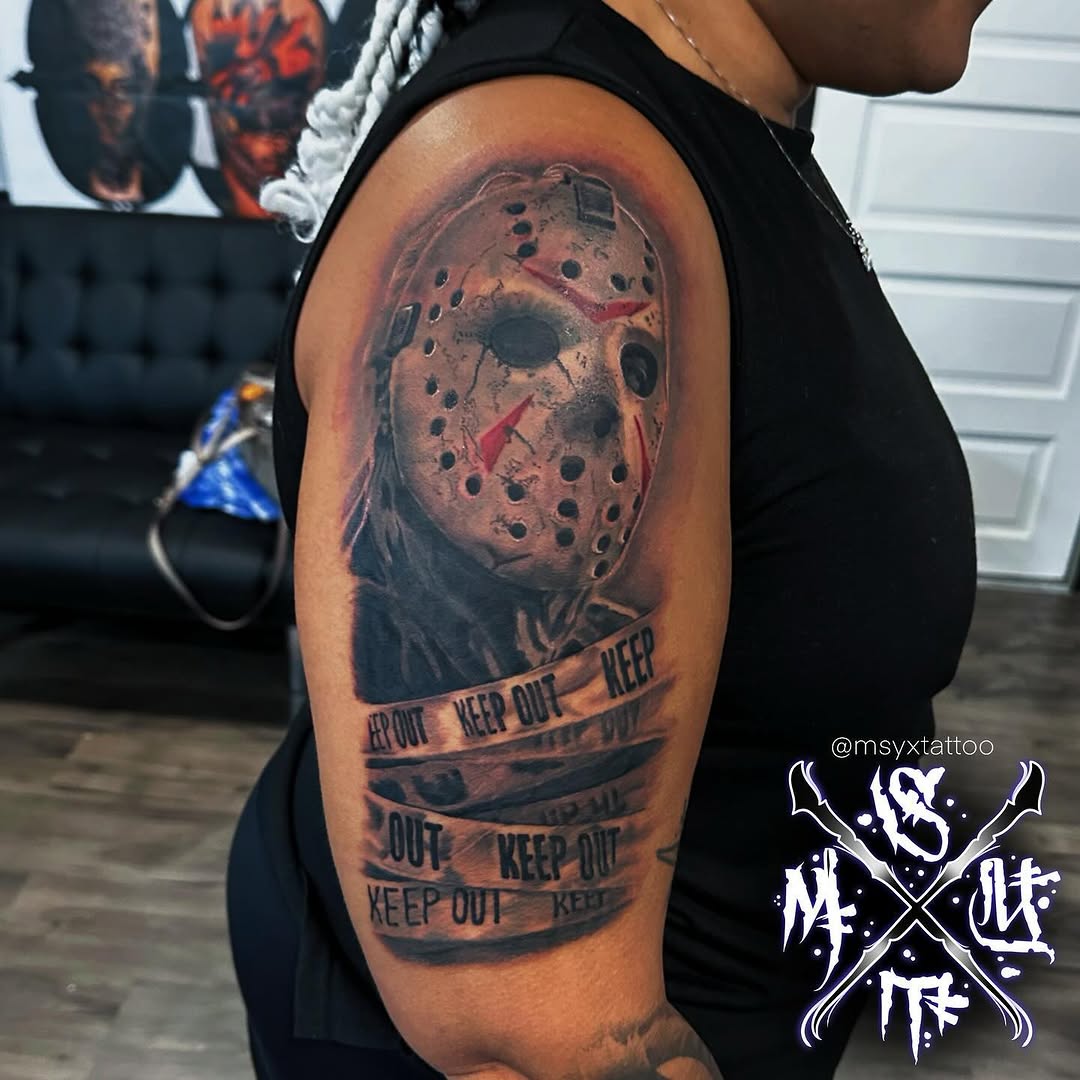 Hyper-realistic Jason Voorhees mask portrait with KEEP OUT tape