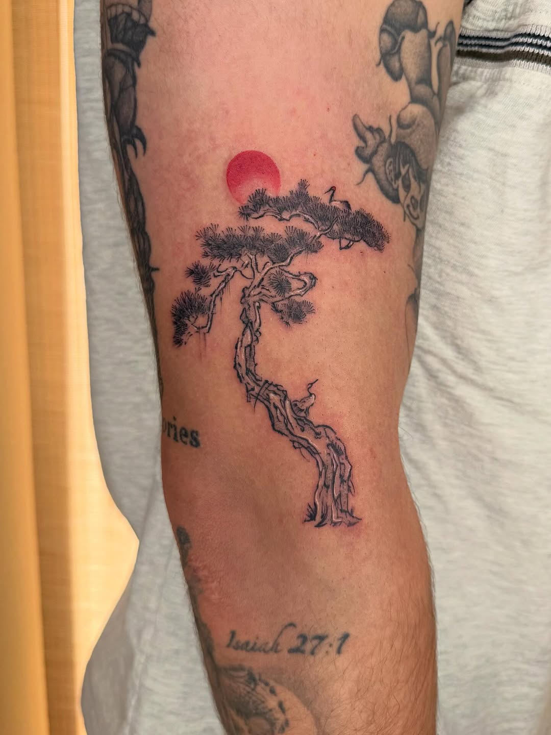 Minimalist Japanese pine tattoo under a red sun.