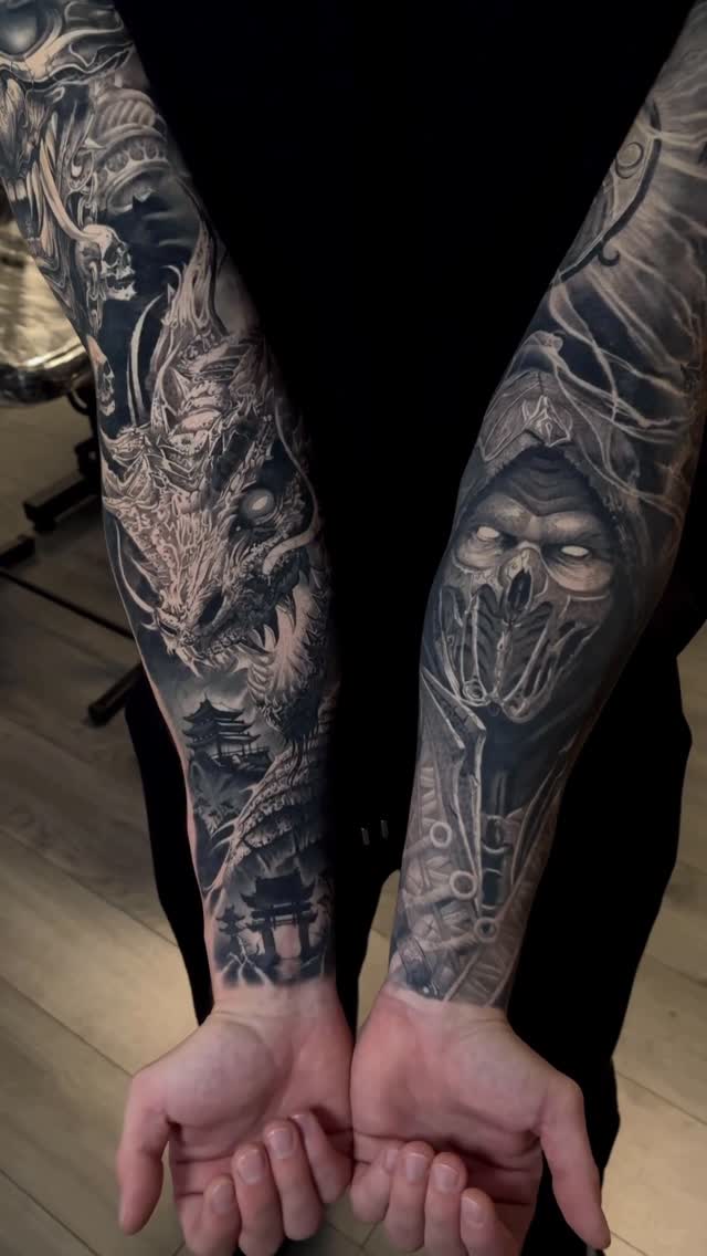 Intricate blackwork Japanese sleeve with dragon and masked figure