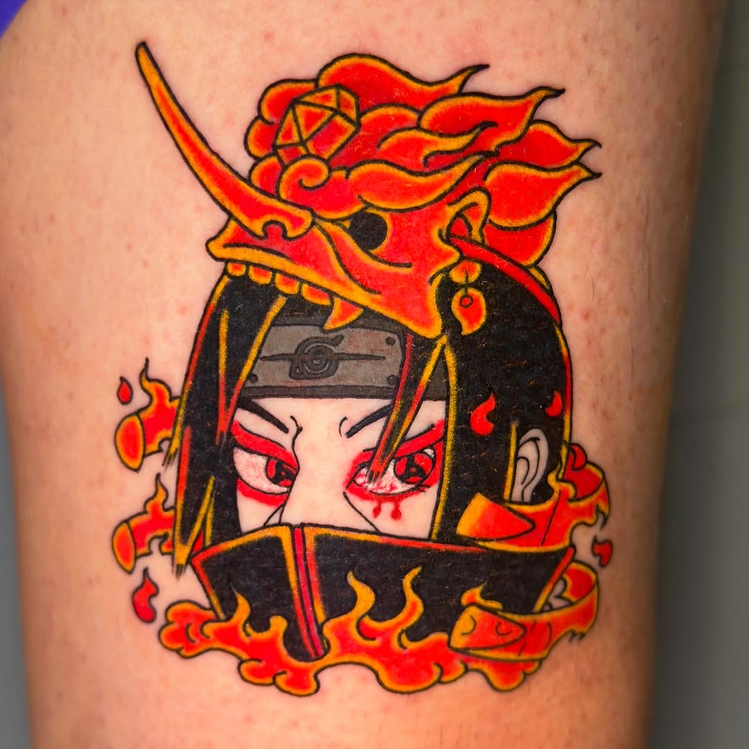 Itachi-inspired ninja portrait with blazing orange flames