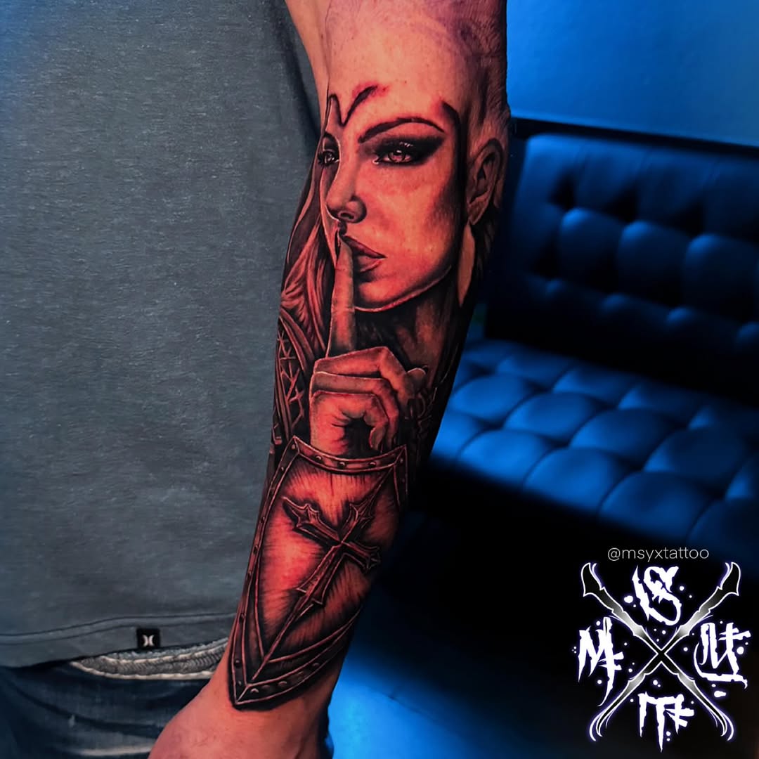 Shushing female portrait in bold black-and-gray realism