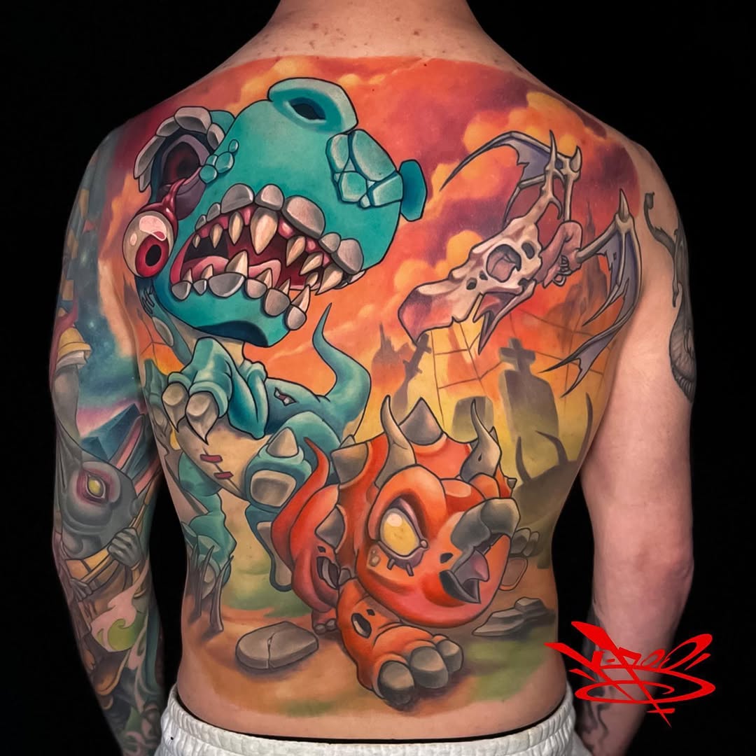 Vibrant neo-traditional back piece featuring cartoony dinosaurs