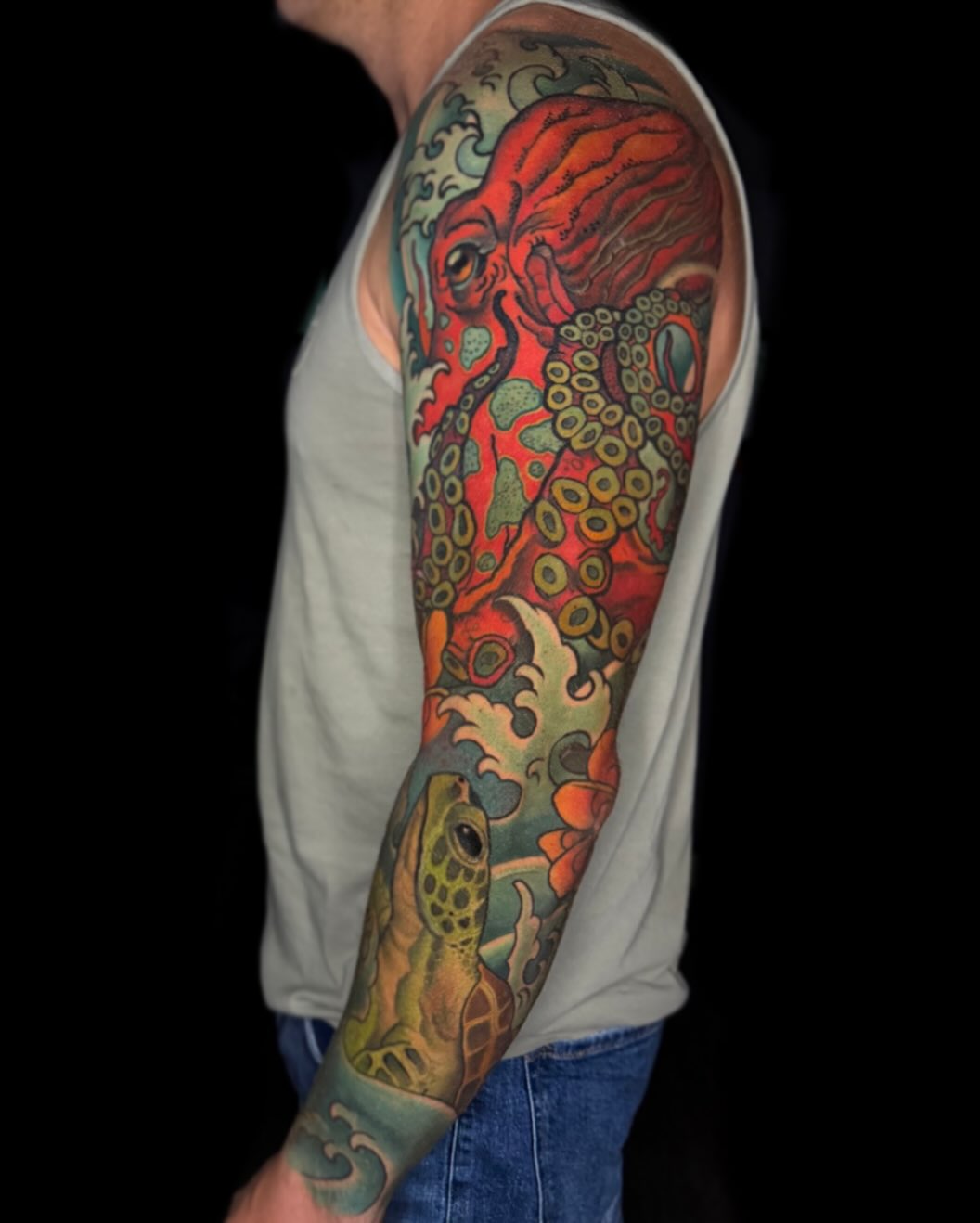 Vibrant underwater sleeve with octopus tentacles and sea turtle