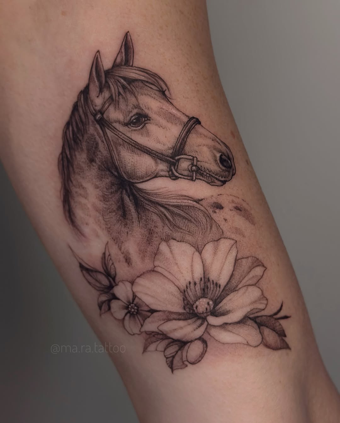 Elegant horse head with soft, detailed blossoms