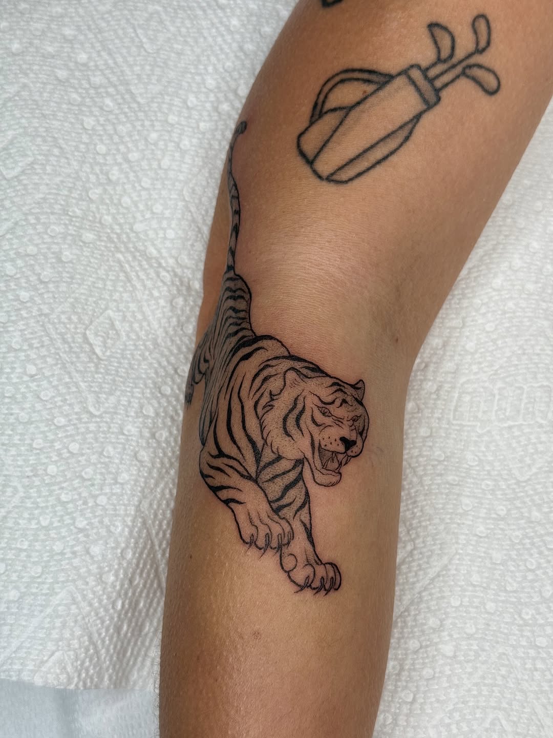 Bold-line tiger in dynamic, snarling pose on forearm.