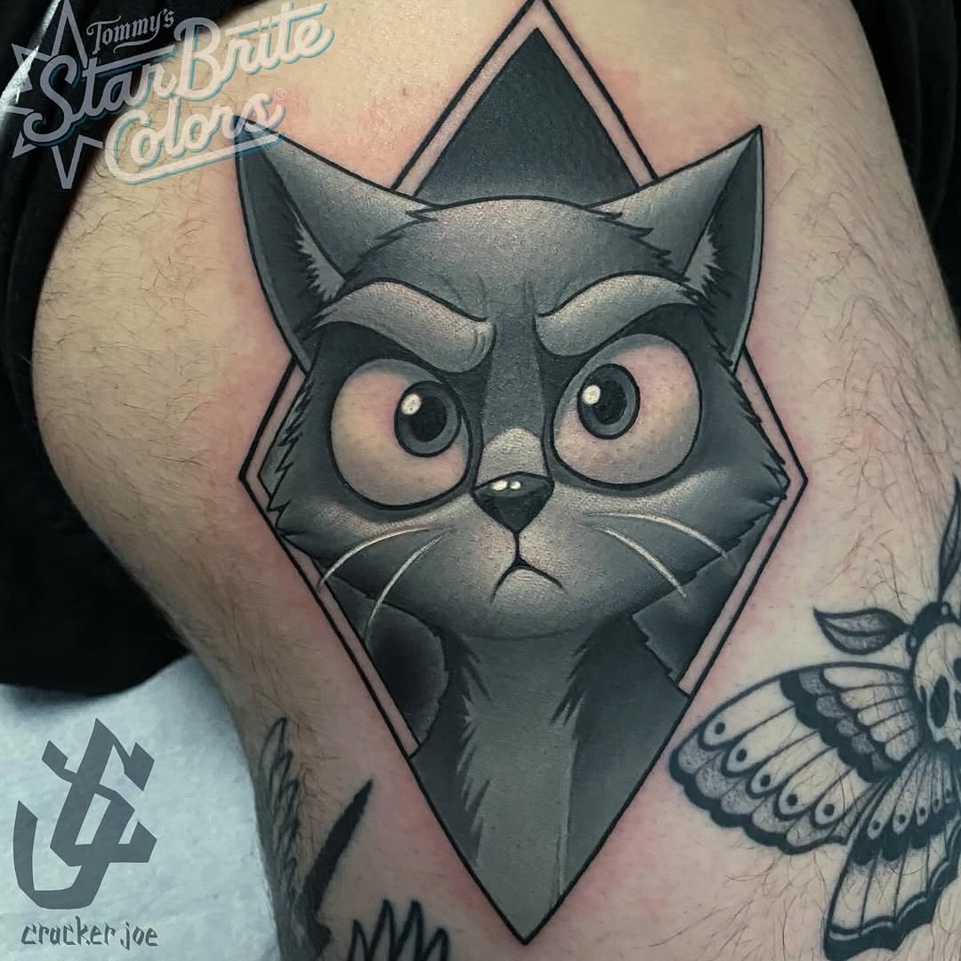 Bold cartoon cat head inside geometric diamond frame, grayscale shading.