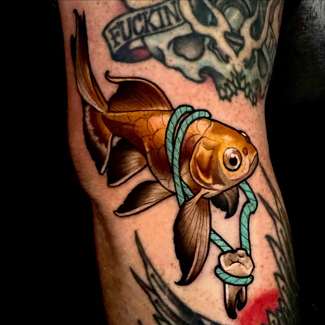 Bold neo-traditional goldfish wrapped in teal ribbons