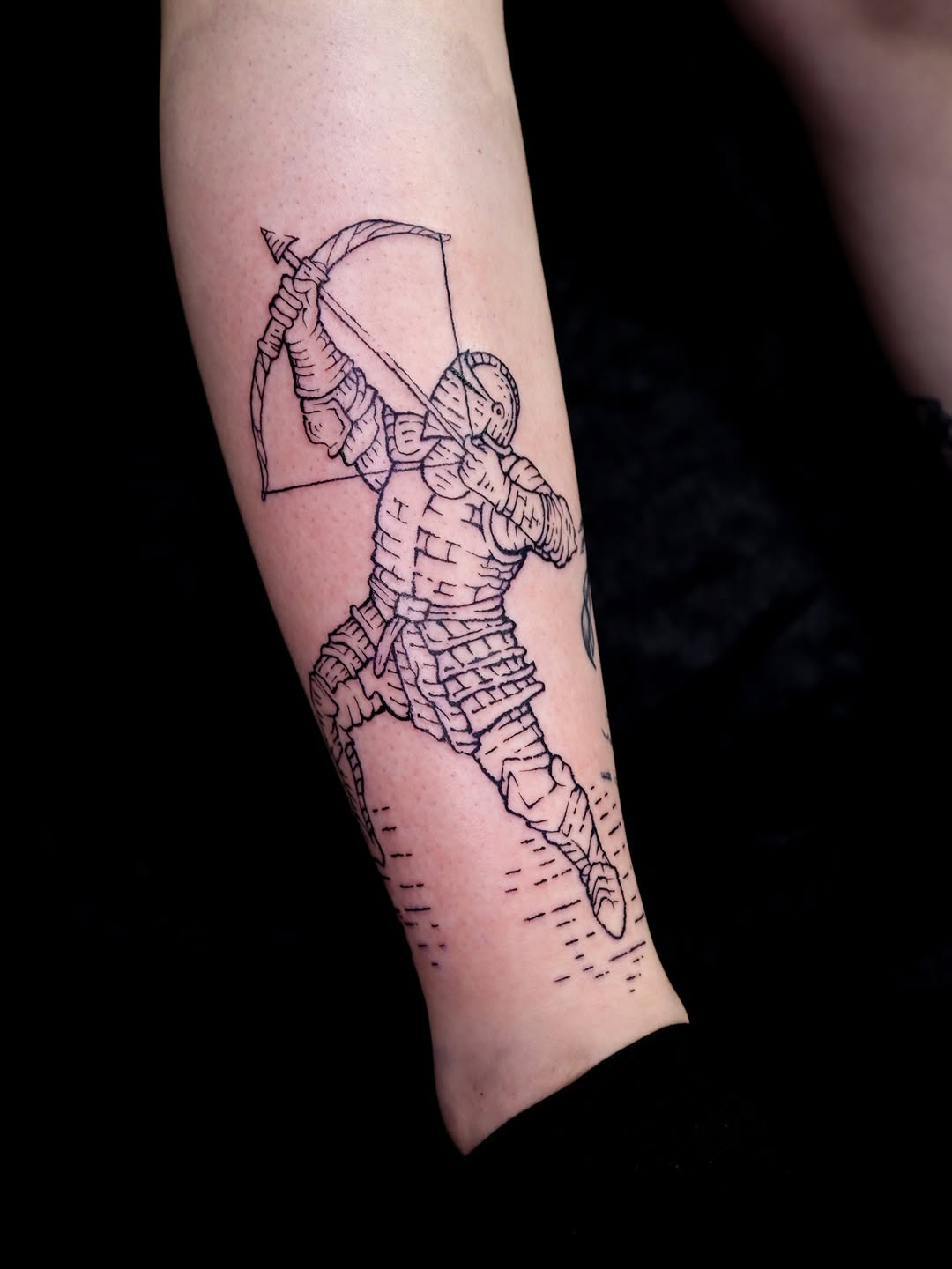 Dynamic armored archer in bold linework, medieval vibe